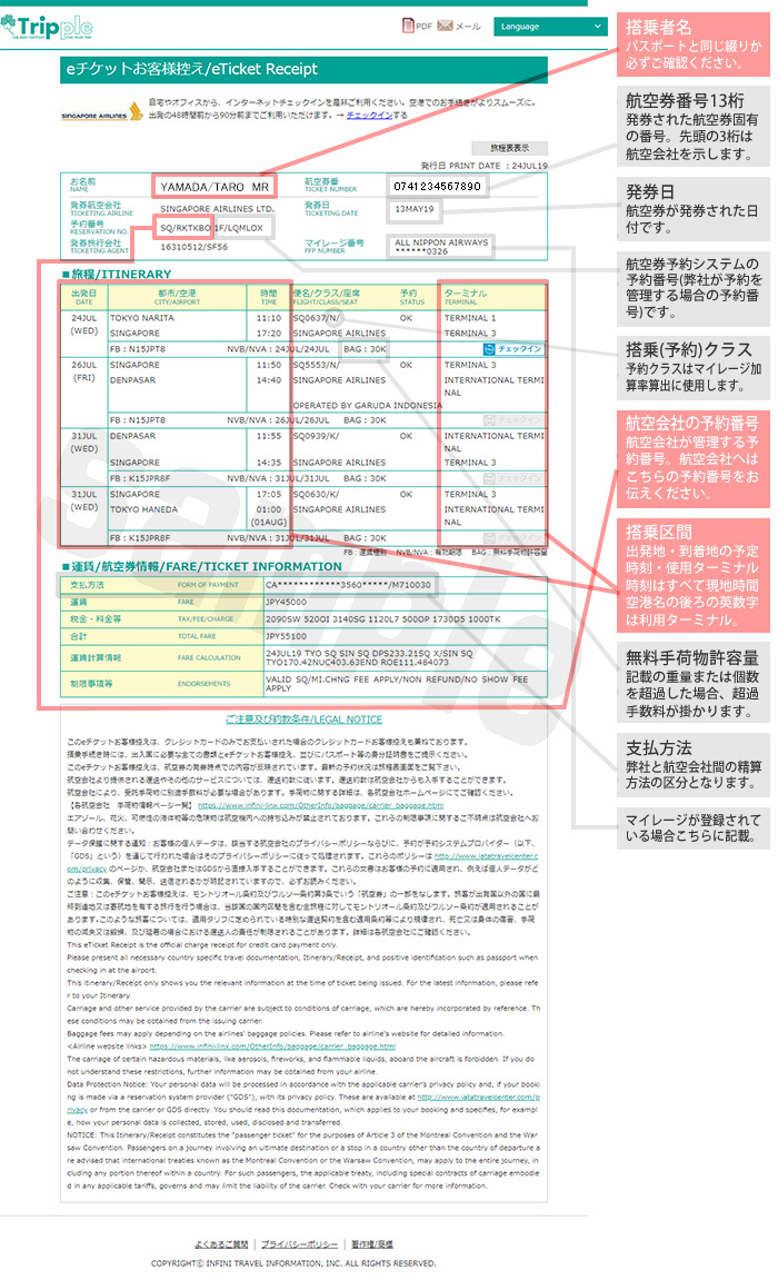 Eチケットの見本と見方（INFINI）｜読売旅行